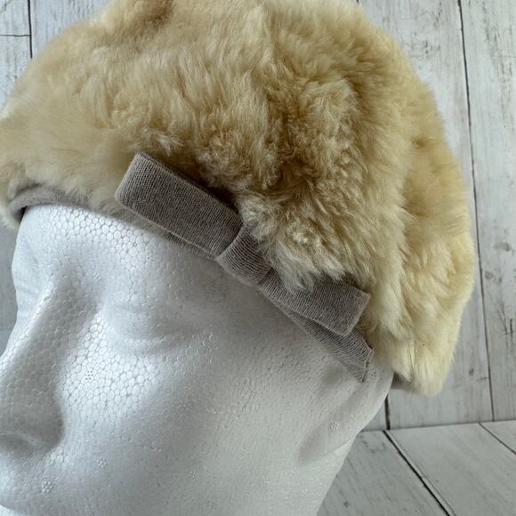 VTG Amrose Beige Gray Fur Pillbox Cloch Hat with Bow 1950\'s 1960\'s One Size main image 7